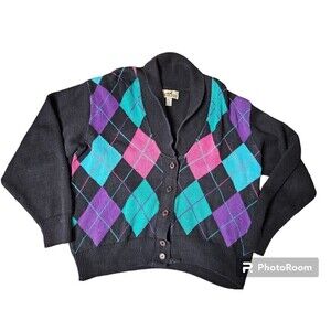 Vintage Winona Knits Colorful Cropped Length Argyle Cardigan 100% Cotton